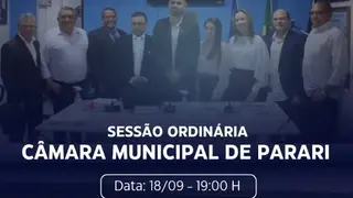 Nesta sexta-feira, a partir das 19h, a Câmara Municipal de Parari realiza mais uma Sessão Ordinária, com a discussão de importantes temas de interesse da população, além da apresentação e apreciação de novos projetos.