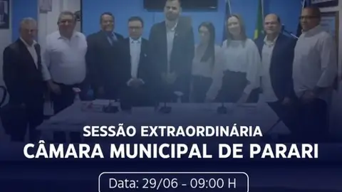 📢 Atenção, população de Parari! Nesta segunda-feira (29), a Câmara Municipal de Parari realizará Sessão Extraordinária, a partir das 9h, para discutir assuntos de interesse público.