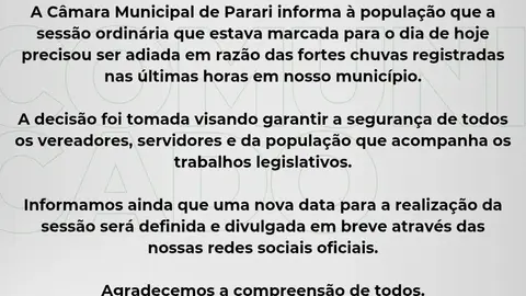 Sessão da Câmara de Parari adiada por chuvas; nova data em breve
