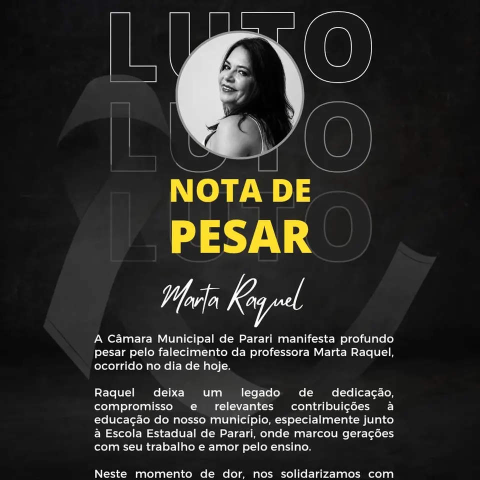 Câmara de Parari lamenta falecimento da professora Raquel Xavier, educadora exemplar