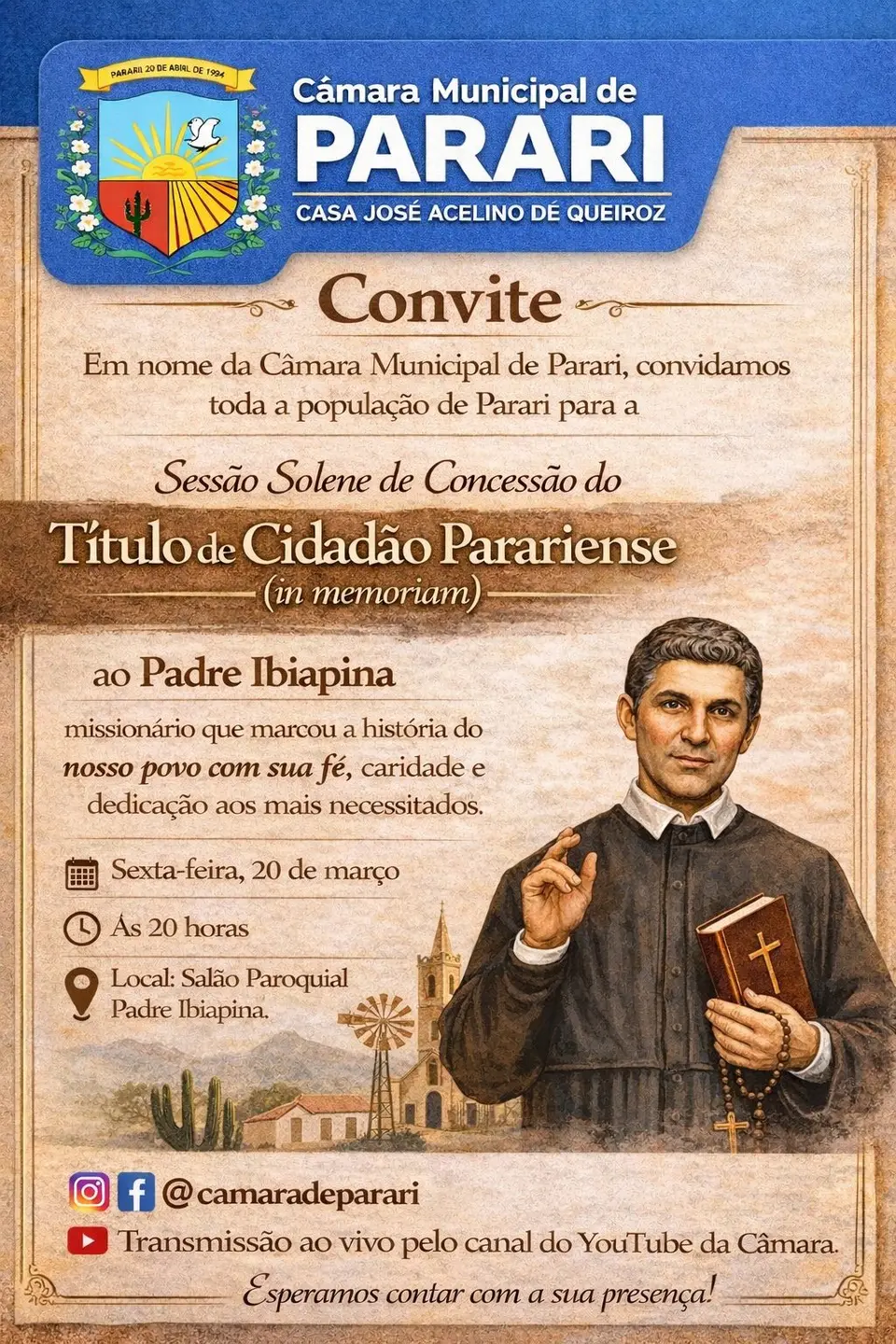 Câmara de Parari presta homenagem histórica ao Padre Ibiapina com título de cidadão parariense!