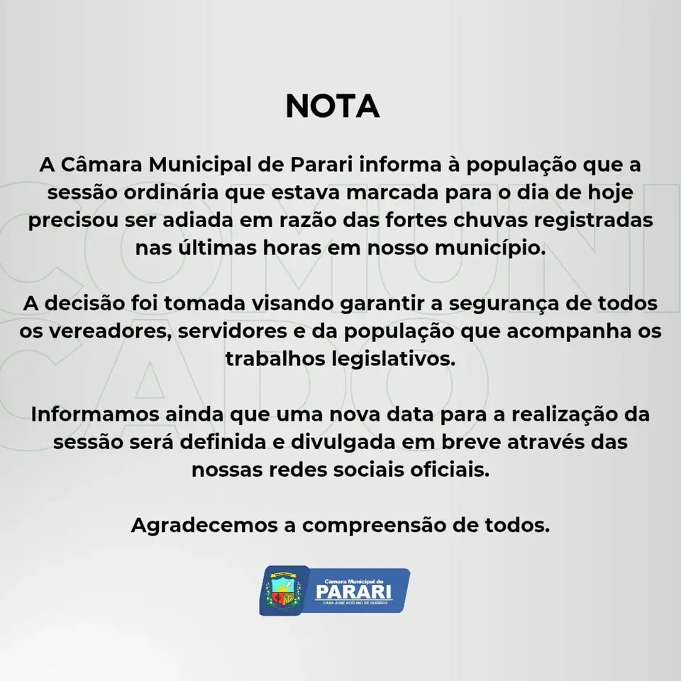 Sessão da Câmara de Parari adiada por chuvas; nova data em breve