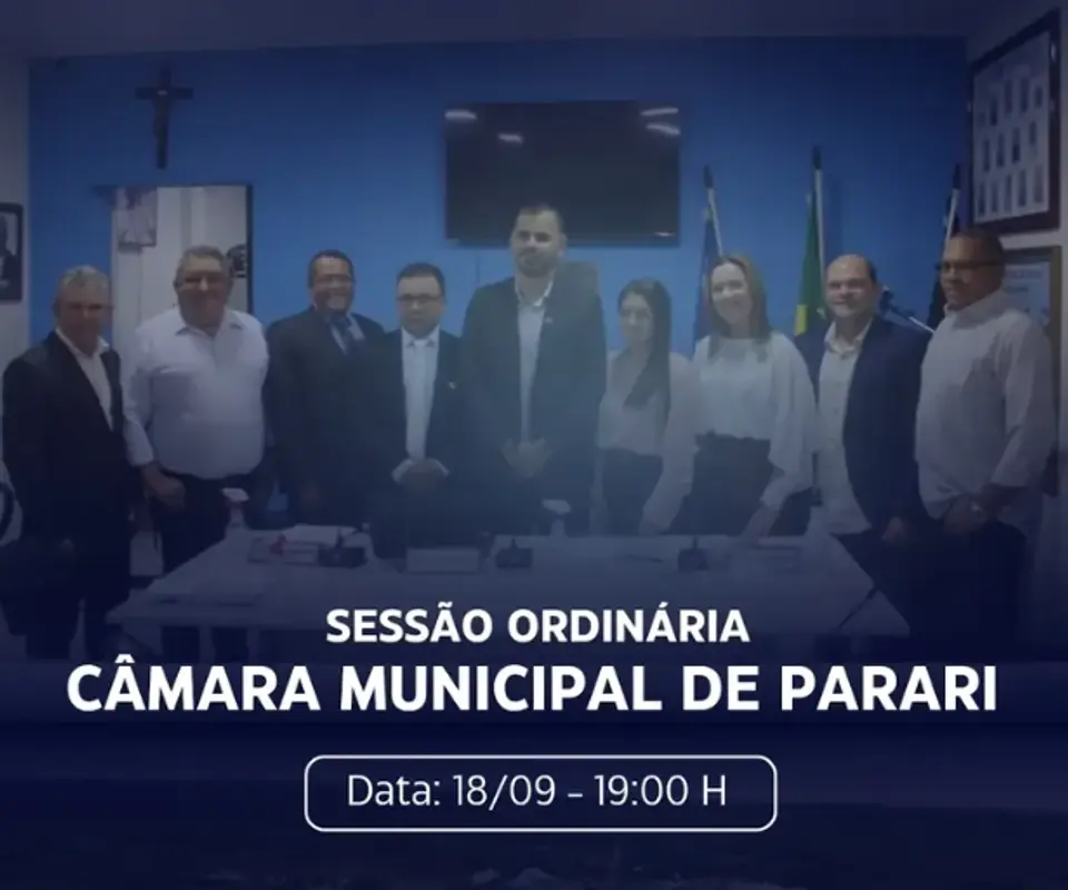 Nesta sexta-feira, a partir das 19h, a Câmara Municipal de Parari realiza mais uma Sessão Ordinária, com a discussão de importantes temas de interesse da população, além da apresentação e apreciação de novos projetos.