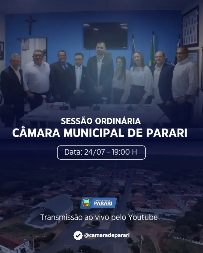 A Câmara Municipal de Parari convida toda a população para participar da primeira sessão após o recesso, que acontece nesta sexta-feira.