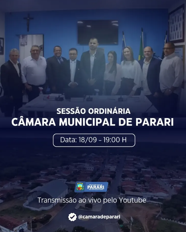 Nesta sexta-feira, a partir das 19h, a Câmara Municipal de Parari realiza mais uma Sessão Ordinária, com a discussão de importantes temas de interesse da população, além da apresentação e apreciação de novos projetos.